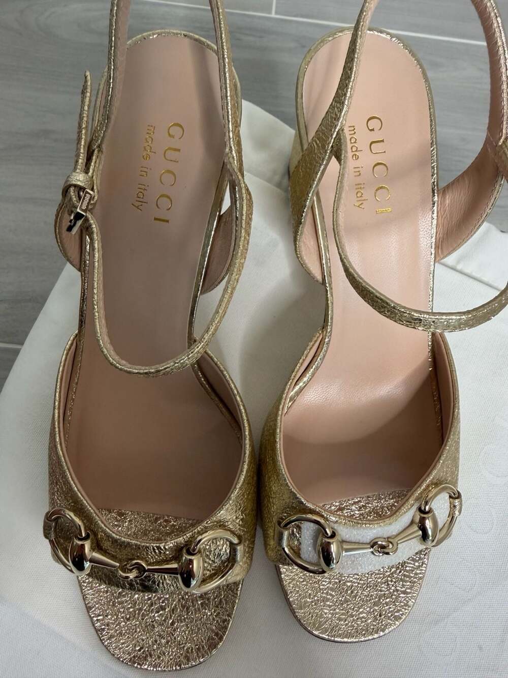 Gucci Galassia Horsebit Metallic Platino Block Heel Sandals - Picture 8 of 11